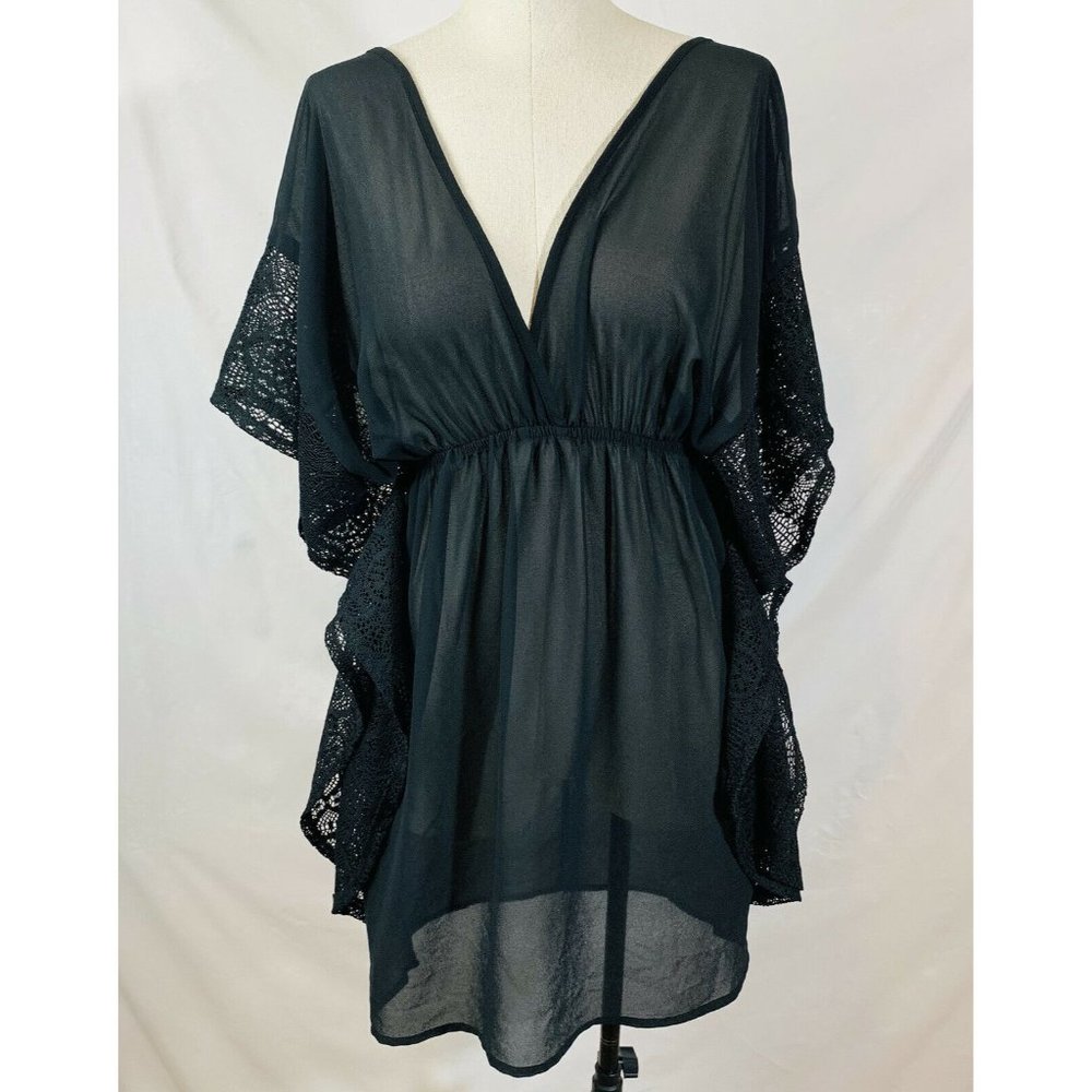 Beach Sheer Cover Up Dress Size Small Black Ruffle VNeck - Picture 1 of 12